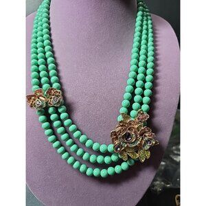 Designer Inspired Floral RHINESTONE and Green Beads Necklace Statement